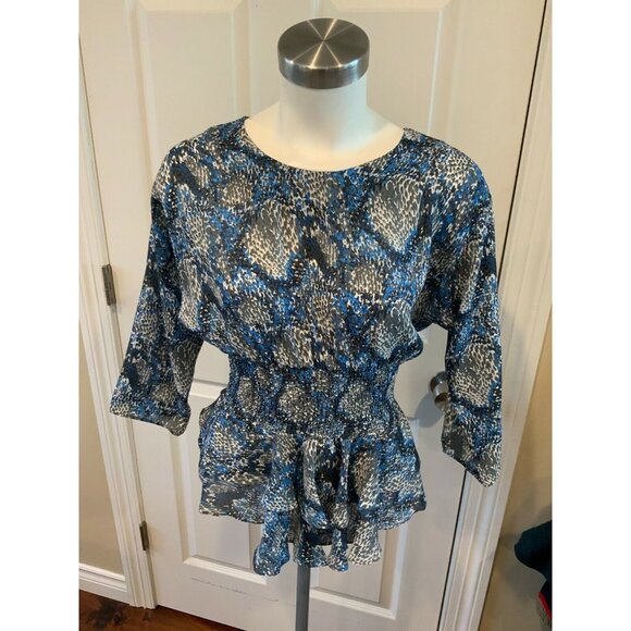 Parker Blue/Gray Splatter Print Peplum Top w/ Button Back, Size Small, NWT! - Picture 1 of 8